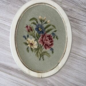 Vtg Floral Cross Stitch Oval Wood Frame Cottage Core Decor Handmade 11"x13.5"
